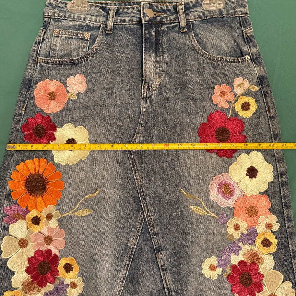 Upcycled Art to Wear Floral Embroidered A-line Denim Maxi Skirt - Picture 6 of 7